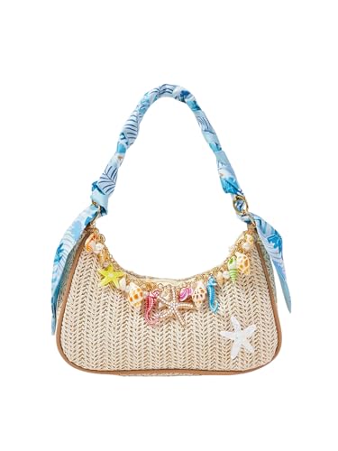 MakeMeChic Women's Straw Beach Purse Seashell Beaded Shoulder Handbags Summer Vacation Bags - color: Multicolor F