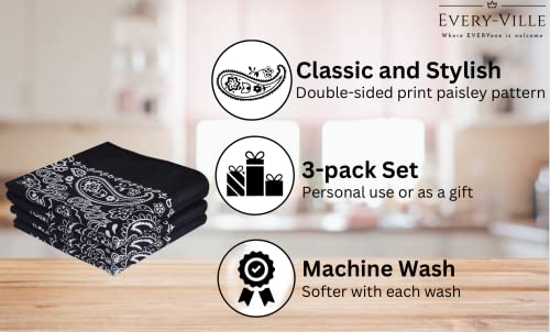 Classic Paisley Bandanas - 3 Pack Gift Set, 100% Cotton, 22x22 Inches - color: Black