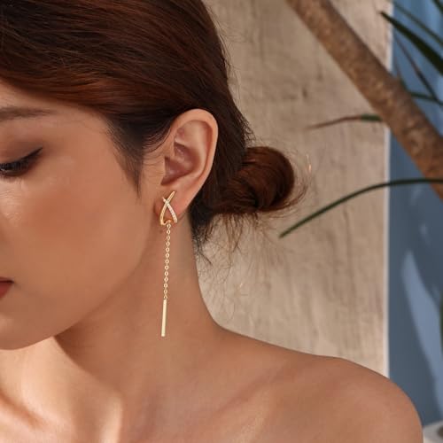 14K Gold Plated Dangle Earrings for Women Chain Dangling Long Earrings Trendy CZ/Twisted X Hoop Studs Dainty Threader Earrings Wedding Hanging Drop Dangly Minimalist Jewelry Gifts for Woman - style: 3