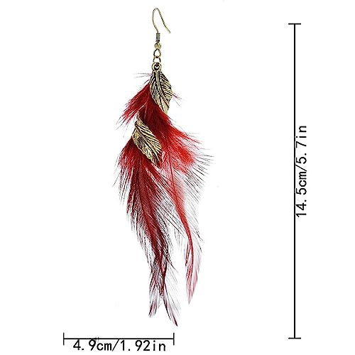 Bohemian Handmade Natural Long Feather Dangle Earrings for Women Multicolor Tassel Feathers Dangle Drop Earrings Vintage Bohemian Earrings Boho Feather Earrings - color: Red