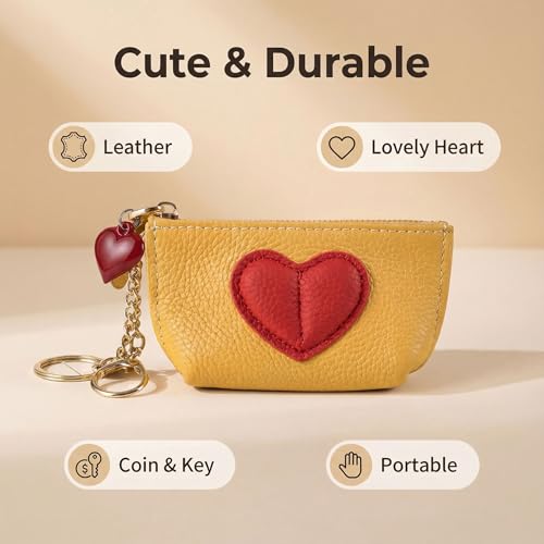 Red Heart Design Small Coin Purse - Cute Compact Keychain Change Purse Soft Leather Wallet with Zipper for Women (Yellow) - color: Yellow