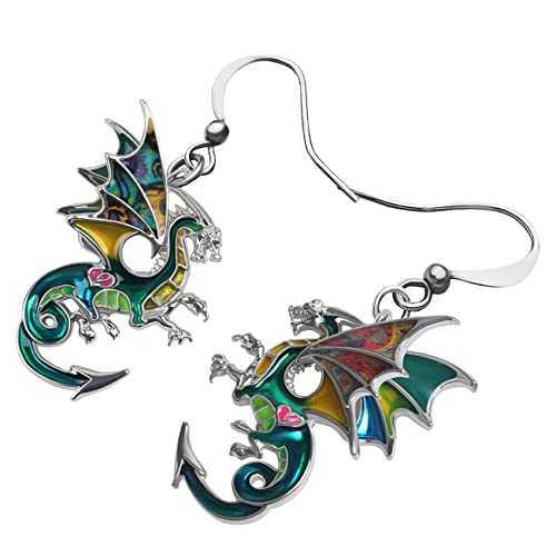 Enamel Alloy Dinosaur Fantasy Dragon Earrings Drop Dangle Unique Animal Jewelry For Women Dragons Gifts - color: Emerald Green