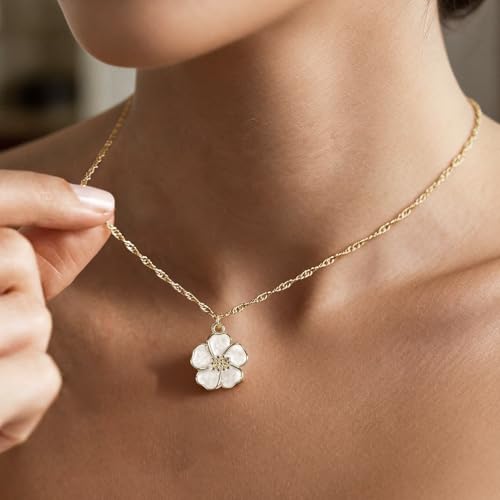 Gold Necklace for Women, Dainty White Enamel Sakura Flower Cherry Blossom Pendant, 18K Gold Plated Sparkly Jewelry Gifts for Her