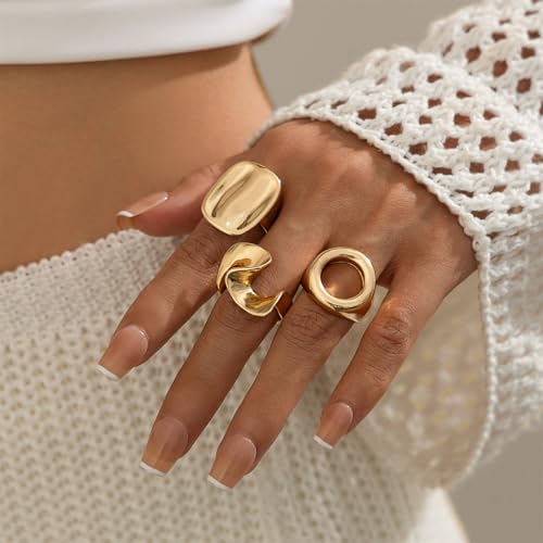 Chunky Vintage Gold Statement Dome Rings Set for Women Dainty 14K Gold Geometric Circle Hollow Knuckle Finger Ring Punk Silver Textured Midi Jewelry - color: Gold
