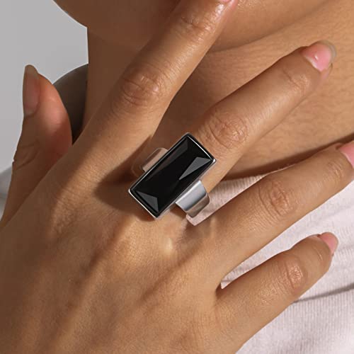 VNOX Vintage Fashion Stainless Steel Gold Plated Rectangular Black Glass Crystal Cocktail Statement Onyx Ring for Women - color: Black+Silver