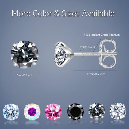 Moissanite Stud Earrings, G23 Hypoallergenic Titanium Stud Earrings for Women Men, Round Cut D Color VVS1 Clarity 18K White Gold Palted Multicolor Moissanite Jewelry, 0.6CT-3.0CT - color: Grey, size: (0.5ct*2)-5mm-1.0 Carat