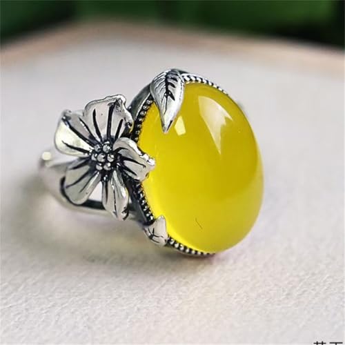 Boho Oval Stone Flower Leaf Statement Ring for Women Antique Silver Plated Vintage Crystal Plum Blossom Adjustable Open Wrap Rings Comfort Fit Retro Gemstone Art Decor Wedding Engagement Jewelry - color: Yellow