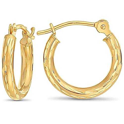 14k Gold Small Hoops Diamond-cut Engraved Hoop Earrings - color: Yellow Gold