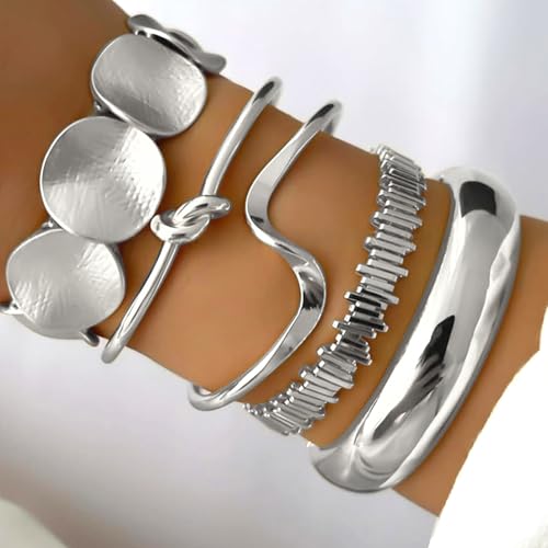 iF YOU Gold Bangle Bracelets for Women, Dainty Knot 14K Gold Plated Multi Layer Bangle Cuffs, Personalized Boho Chunky Bracelets for Women Jewelrys Set Gifts - color: silver-01