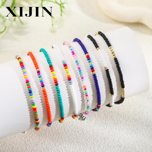 XIJIN 8Pcs Handmade Beaded Anklets for Women Boho Colorful Beads Ankle Bracelets Adjustable Foot Anklet Set - color: Multi color