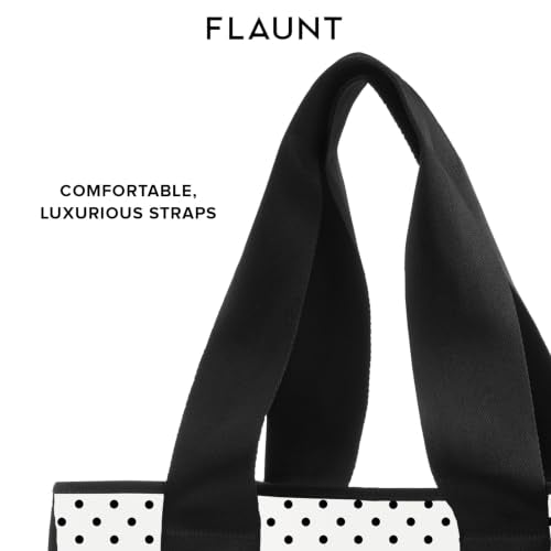 FLAUNT Everyday Tote Bag with Phone Pouch for Women - Lightweight, Airline Approved, Easy To Carry, Foldable & Washable - color: White Polka Dot