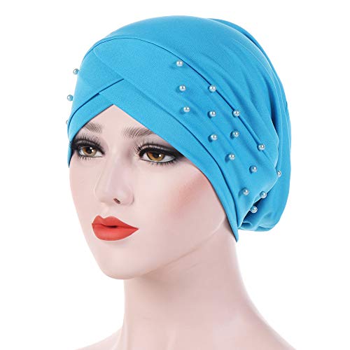 Women Beaded Silky Beanie, Pre-Tied Turban Head Wrap Cap for Chemo Chemical Cancer Hair Loss Cover Hat - color: Lake Blue