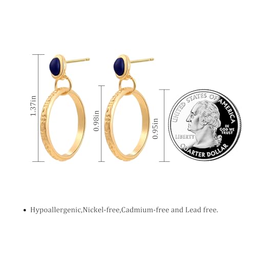 Natural Turquoise Gemstone Birthstone Stud Earrings with Circle Dangle Hoop Earrings Boho style for Vintage Western Jewelry - color: Gold and Blue