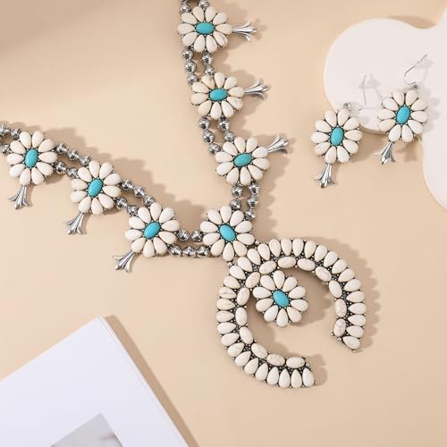 4 PCS Western Turquoise Jewelry for Women Boho Vintage Navajo Pearl Necklace Earring Bracelet Ring Set Country Cowgirl Accessories for Gift - color: O-White（No Bracelet No Ring）