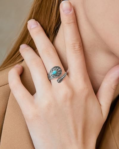Turquoise Jewelry for Women - Sterling Silver Turquoise Rings Vintage Adjustable Sunflower Dragonfly Butterfly Spoon Ring Victorian Style Boho Antique Flower Thumb Statement Rings Jewelry Gifts for Women - color: Turquoise & Feather B