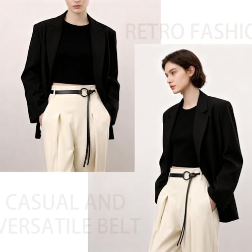 Knotted Waist Belt for Women PU Leather Thin Strap Belt for Dresses - color: Black