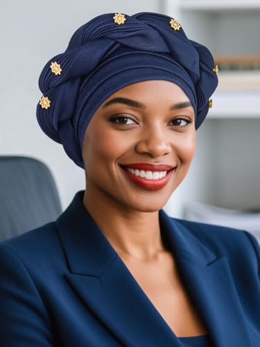 Woeoe Women African Turban Pre-Tied Twisted Beanie Cap Headwear Rhinestone Soft Stretchy Head Turbans - color: Navy Blue