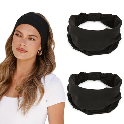 2 Pack Black Wide Headbands for Women - Thick Stretchy Non Slip Fabric Sweat Bands, Soft Hair Bands for Workout, Running, Spa, Makeup & Washing Face - color: 2 Color (Black+Black)