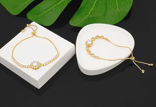 Tennis Bracelet for Women Cubic Zirconia Bracelets Adjustable Slider Bracelets - color: Gold 02