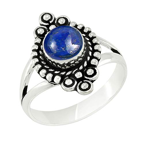 Round Shape Natural Gemstone Vintage Style Handmade Rings for Women - 925 Silver Overlay Handmade Birthstone Ring Jewelry Gift for Her Mom Wife Sister - color: Lapis Lazuli
