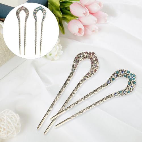 Toyvian 2pcs Vintage Rhinestone Hair Stick Double Prong Dovetail Hairpin Clips for Women Elegant Hair Forks Oriental Style for Weddings Parties and Casual Wear