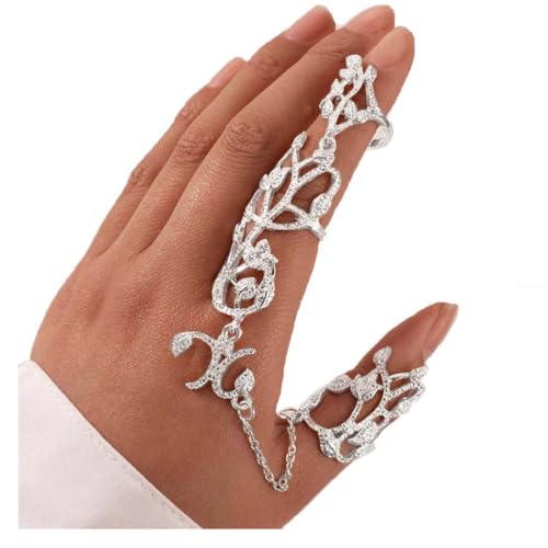 Yalice Charm Leaf Full Finger Ring Bracelets Dainty Knuckle Open Ring Harness Hand Chains Adjustable Statement Rings Jewelry for Women Gift - color: Silver
