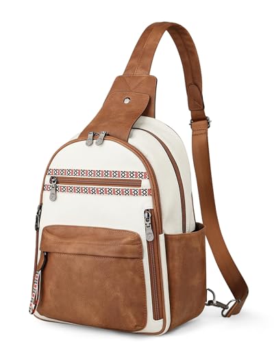 FADEON Large Sling Bag for Women, Leather Crossbody Purse Designer Anti Theft Sling Backpack, RFID Fanny Packs for Travel - color: Beige Brown
