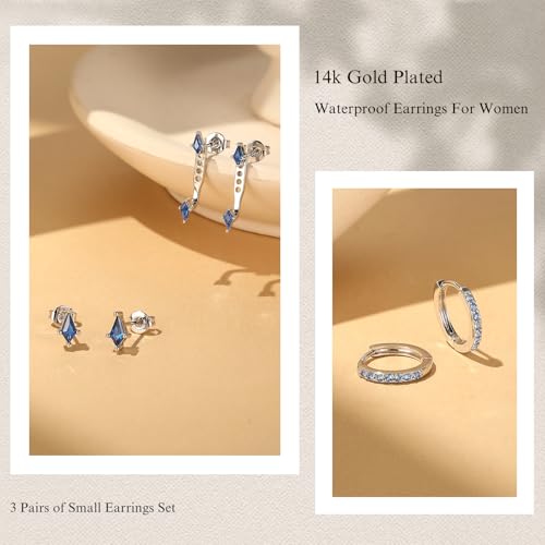 GEORGE · SMITH Stackable Kite Stud Earrings Set for Women, Gold & Silver Huggie Birthstone Jewelry with Emerald Green & Blue Sapphire, Trendy Earrings for Women 2025 - color: silver blue saphire kite stud