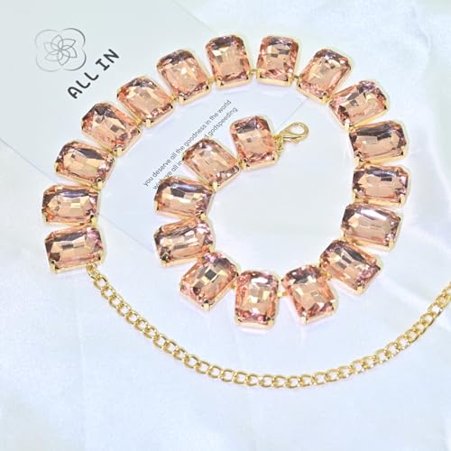 Fashionable Chunky Plated Tennis Rhinestone Statement Necklace Jewelry Set for Women Multicolor gem necklace with Great Sparkle and Shine Design for Women to Easy Match - color: pink square Rhinestone