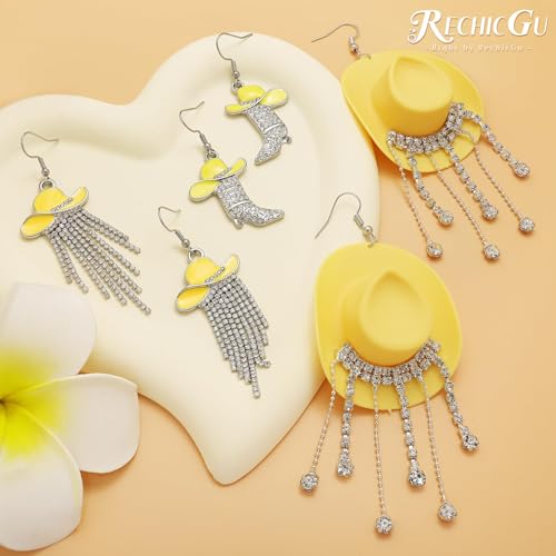 RechicGu 3 Pairs Western Cowgirl Cowboy Hat Earrings Set Silver Symmetric Boots Sparkly Rhinestone Tassels Drop Dangle Rural Culture Earrings Set For Women - color: Silver Boots,Yellow Hat