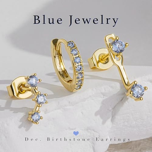 3 Pairs Dainty Small 4th of July Earrings for Women Trendy, Birthstone Stud Huggie Hoop Jacket Stack for Cartilage Helix, Gold Plated Hypoallergenic Cute Women Fashion Accessories Western Jewelry Gifts - color: 12Blue Created Topaz-Dec (Gold)