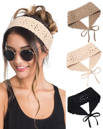 HAIMEIKANG Hippie Hair Bandana Headbands for Women Boho Headband Knit Hair Bands Floral Head Wrap for Women and Girls(Black+Beige+Coffee) - color: Black+Beige+Coffee