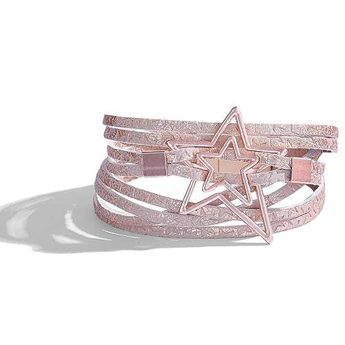 Long tiantian Leather Bracelets for Women Men Heart Wrap Bracelets Western Jewelry Cowgirl Outfits Birthday Gifts for Her - color: B4:pink leather bracelet