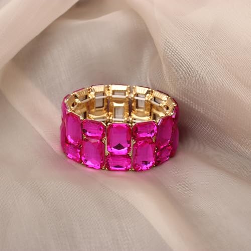 Women’s Wedding Bridal Crystal Leaf Flower Stretch Bangle Elastic Wide Bracelet Jewelry for Brides Bridesmaid - color: Style2-Rose Red-Gold Plated