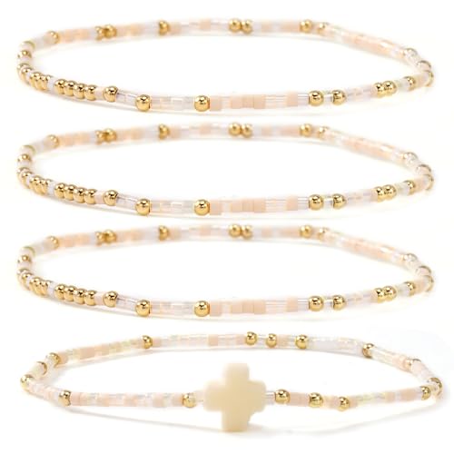 Gold Colorful Beaded Cross Bracelet Stack Set for Women,Handmade Bohemian Seed Beads Stacked Bracelets Fashion Holiday Jewelry Gift - color: Beige