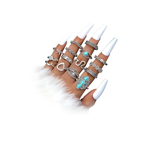 Bohemian Joint Knuckle Rings Set for Women,Vintage Boho Turquoise Stackable Rings Chunky Retro Turquoise Midi Finger Ring Statement Western Jewelry - style: Style D