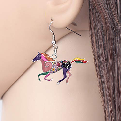BONSNY Enamel Alloy Colorful Horse Earrings for Women Animal Lover Statement Jewelry - color: Purple