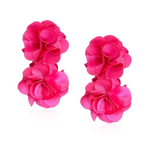 Oversized Fabric Flower Earrings for Women Statement Boho Chic Dangle Drop Earrings for Parties Weddings or Everyday Wear - color: Hot Pink