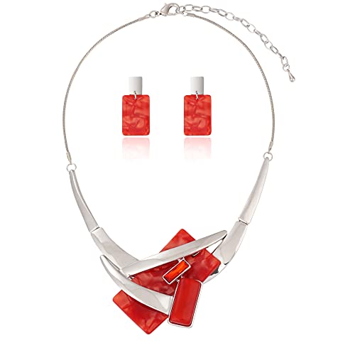 Vintage Chunky Statement Jewelry Set Retro Leaf Floral Geometric Bohemian Boho Bib Necklace Earring Set Fashion Costume Jewelry for Women Girls Wedding Party Prom Unique Gift - style: rectangle-red
