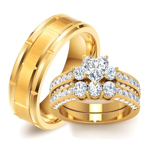 3Pcs Moissanite Wedding Rings Sets for Couples, s925 10K 14K 18K Real Gold Wedding Rings Sets for Him and Her, Customized Matching Engagement Bands Set for Men and Women Free Engraving - style: Style-8