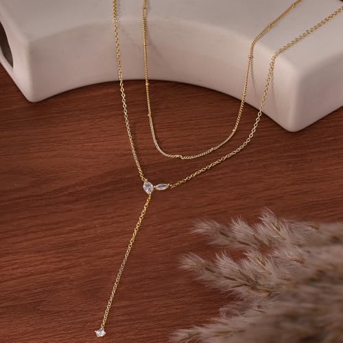 Gold Necklace for Women - Dainty Long Lariat Necklace 14K Gold Plated Clover Star Teardrop CZ Y Shaped Drop Necklaces Cute Long Necklaces for Women Trendy Prom Formal Womens Jewelry - color: Gold-Layered PJ Drop