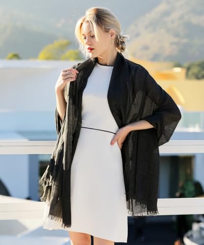 Harewom Lightweight Gauze Linen Feeling Shawl Wraps for Women Beach Summer Scarf for Evening Wedding Dresses - color: Shawl Wraps - Black-grey