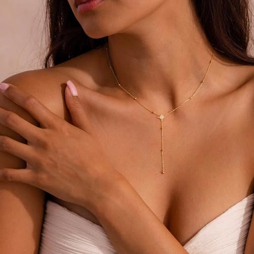 Gold Necklace for Women - Dainty Long Lariat Necklace 14K Gold Plated Clover Star Teardrop CZ Y Shaped Drop Necklaces Cute Long Necklaces for Women Trendy Prom Formal Womens Jewelry - color: Gold-Star Drop