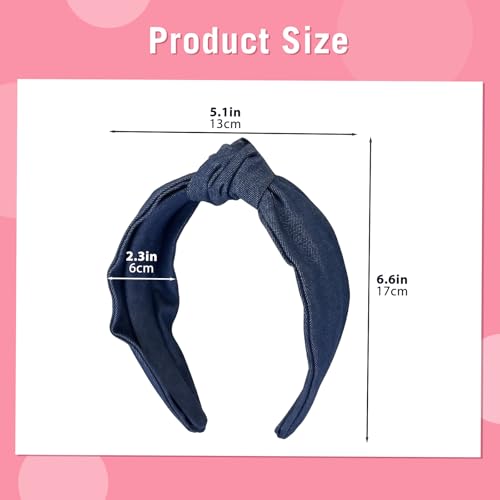 2 Pcs 6CM Wide Knotted Hair Hoops Vintage Denim Knot Headbands Non-Slip Elastic Top Thick Hairbands Dark Blue Light Blue