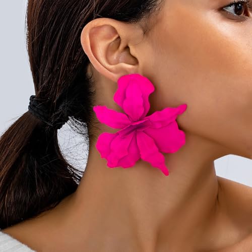 Large Flower Earrings For Women Fashionable Exaggerated Colorful Flower Earrings Vintage Elegant Statement Jewelry Accessories - style: Rose Red