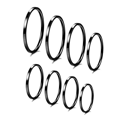 8pcs 1MM Thin Stainless Steel Knuckle Midi Stacking Rings for Women Plain Band Comfort Fit - color: Flat - Black 8pcs(size 3 to 10)