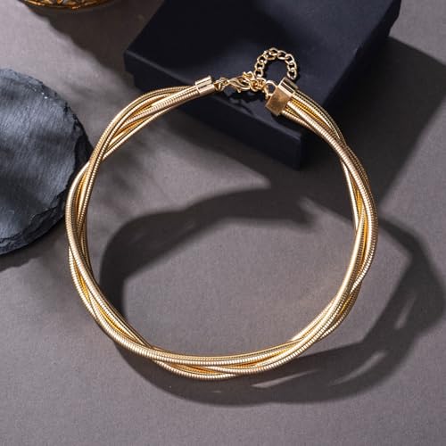 Chunky Gold Collar Choker Statement Necklace for Women Trendy | Gold Plated Layered Twist Flat Thick Snake Herringbone Chain African Torque Necklace Prom Boho Necklaces Party Jewelry Gift - style: 3 Twisted Chain/Gold