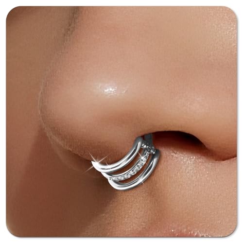 Small Cartilage Double/Triple-Hoop Helix Conch Piercing Earrings With Cubic Zirconia For Women Trendy 14K Gold Plated Titanium Surgical Stainless Steel Sets Nose Rings Hoops Septum Rings - color: Silver, style: F-4Pairs-16Gauge-Triple CZ hoop