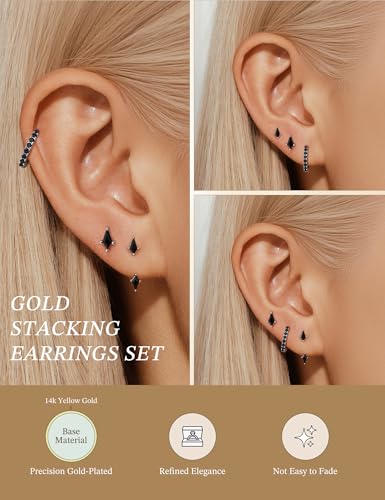 GEORGE · SMITH Stackable Kite Stud Earrings Set for Women, Gold & Silver Huggie Birthstone Jewelry with Emerald Green & Blue Sapphire, Trendy Earrings for Women 2025 - color: Silver,Black CZ