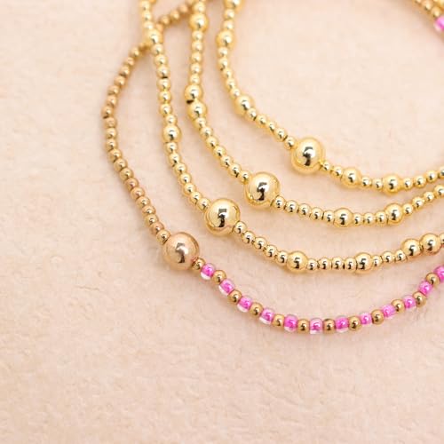 Gold Beaded Stackable Friendship Bracelets Set for Women, Handmade Boho Stretch Summer Jewelry Gift. - color: gold fuchsia